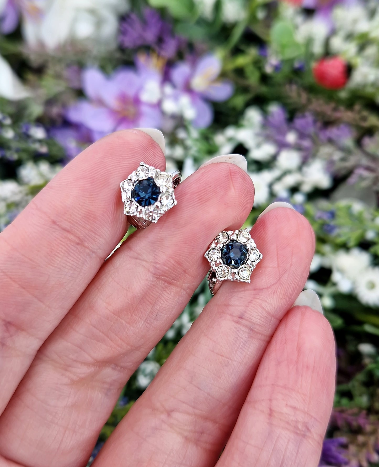 Vintage 1960's Avon Sparkly Blue and White Crystal Cluster Clip On Earrings