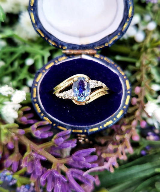 Vintage 9ct Yellow Gold Blue Mystic Topaz and Diamond Ring / Size N 1/2 or 7.25