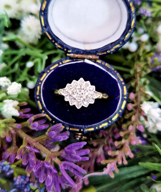 Vintage 9ct Yellow Gold Feminine Diamond Cluster Engagement Ring / Size N 1/2 or 7.25