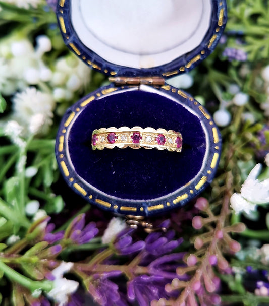 Vintage 9ct Yellow Gold Ruby and Diamond Scallop Edge Half Eternity Band Ring / Size K or 5.5