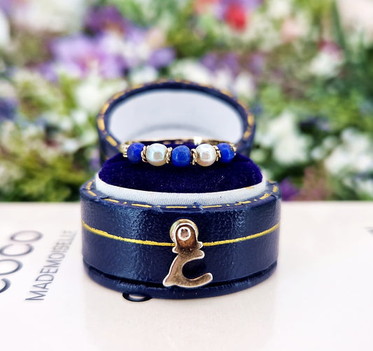 Vintage 1986 9ct Yellow Gold White Pearl and Blue Lapis Lazuli Bead Ring / Size Q or 8.5