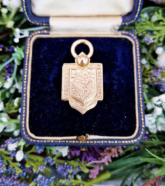 Antique Victorian 9ct Yellow Gold Heavy Ornate Engraved Shield Locket Pendant / 13 grams
