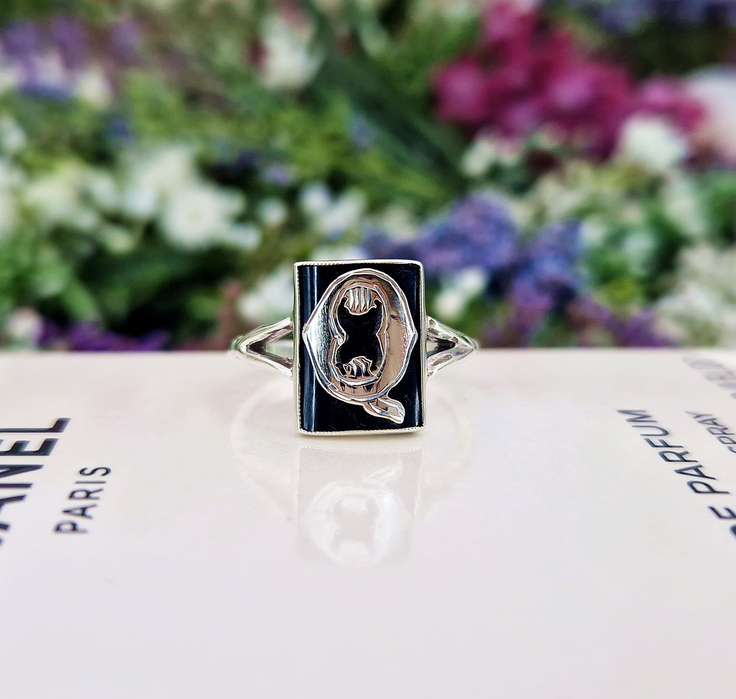 Antique Art Deco Sterling Silver and Black Onyx Panel Initial Q Signet Ring / Size P or 8