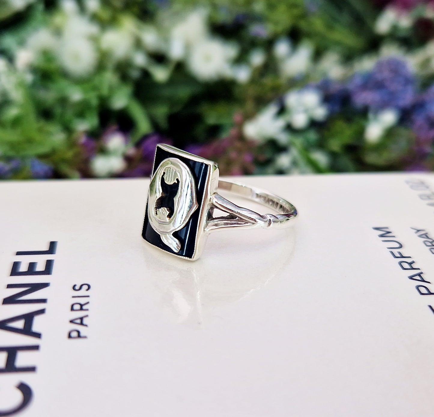 Antique Art Deco Sterling Silver and Black Onyx Panel Initial Q Signet Ring / Size P or 8