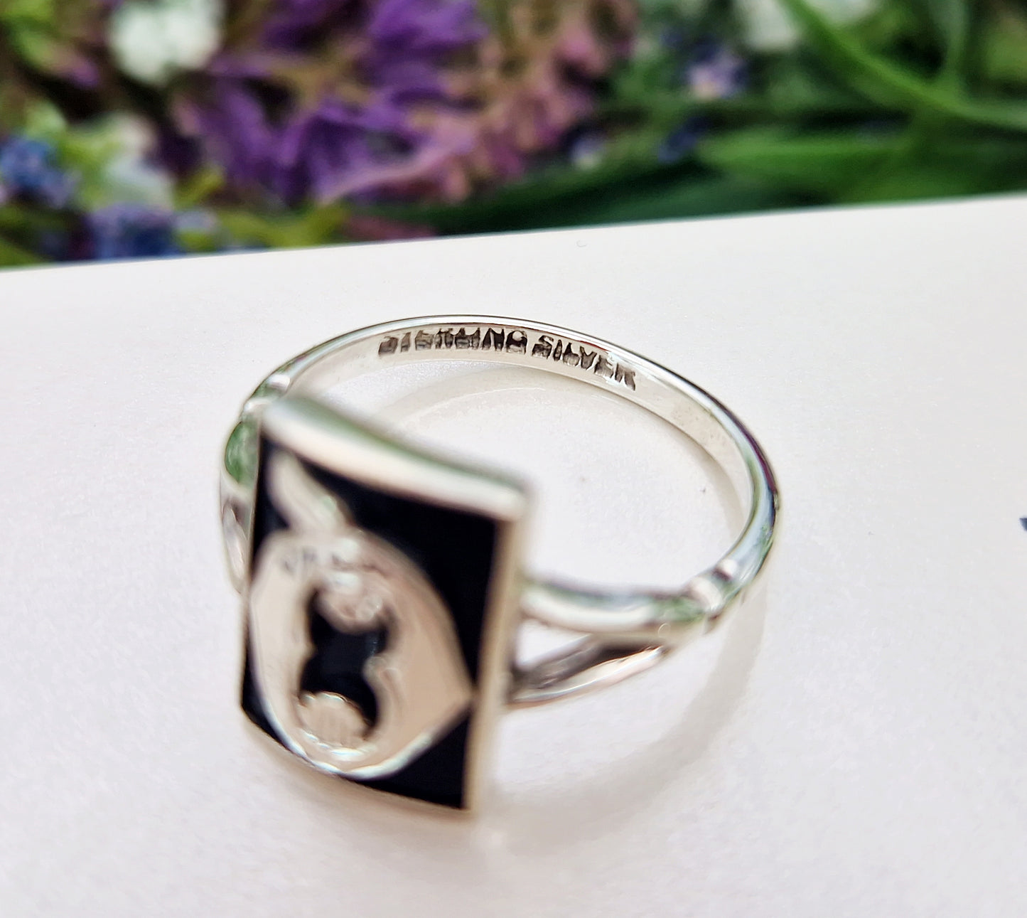 Antique Art Deco Sterling Silver and Black Onyx Panel Initial Q Signet Ring / Size P or 8