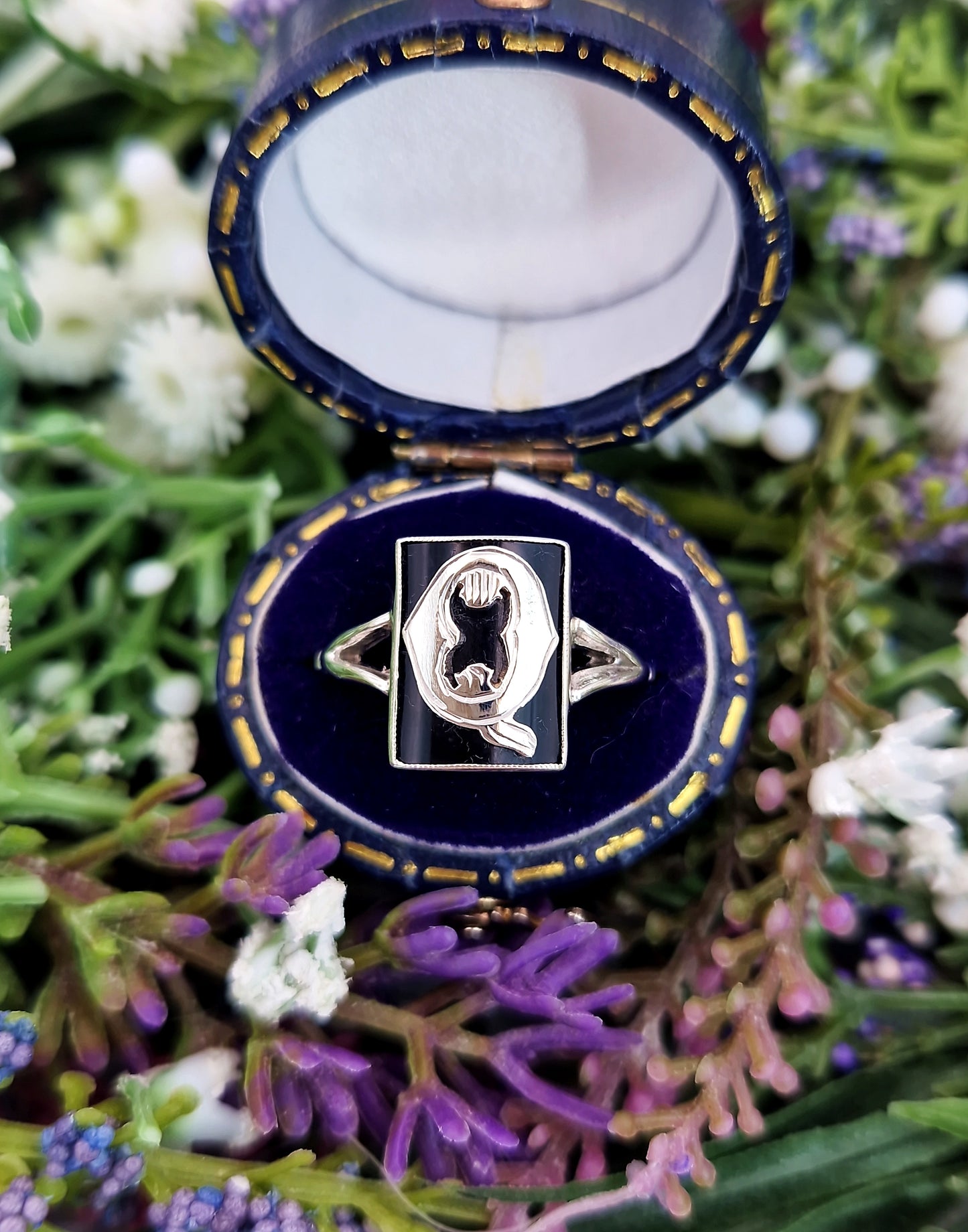 Antique Art Deco Sterling Silver and Black Onyx Panel Initial Q Signet Ring / Size P or 8