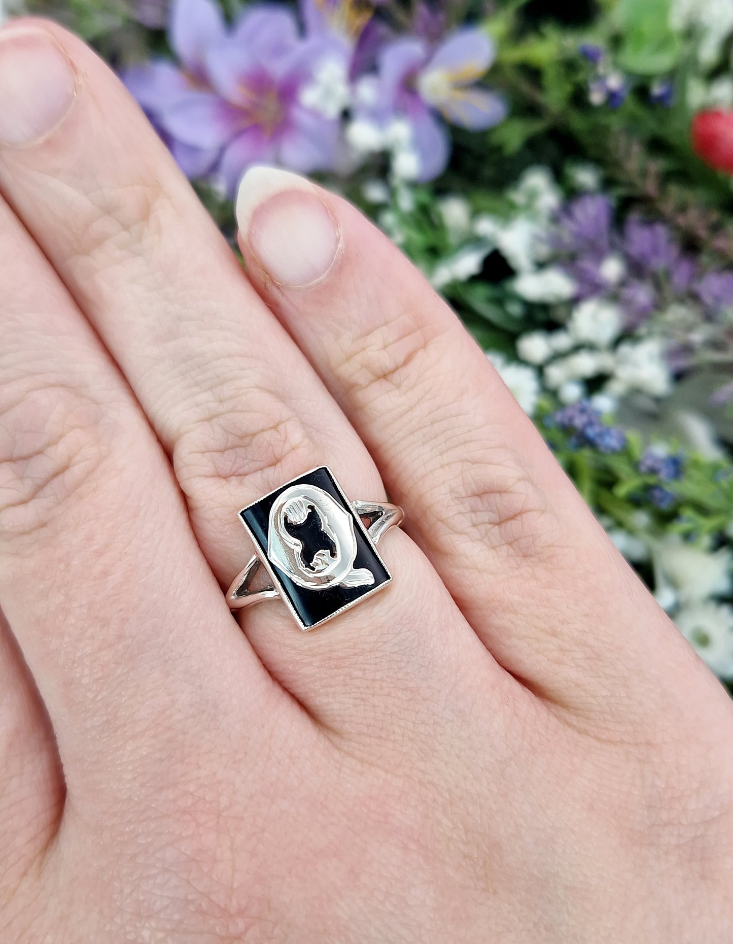 Antique Art Deco Sterling Silver and Black Onyx Panel Initial Q Signet Ring / Size P or 8