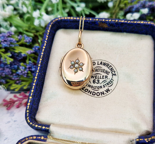 Antique Art Nouveau Gold Tone White Pearl Star Oval Locket Pendant
