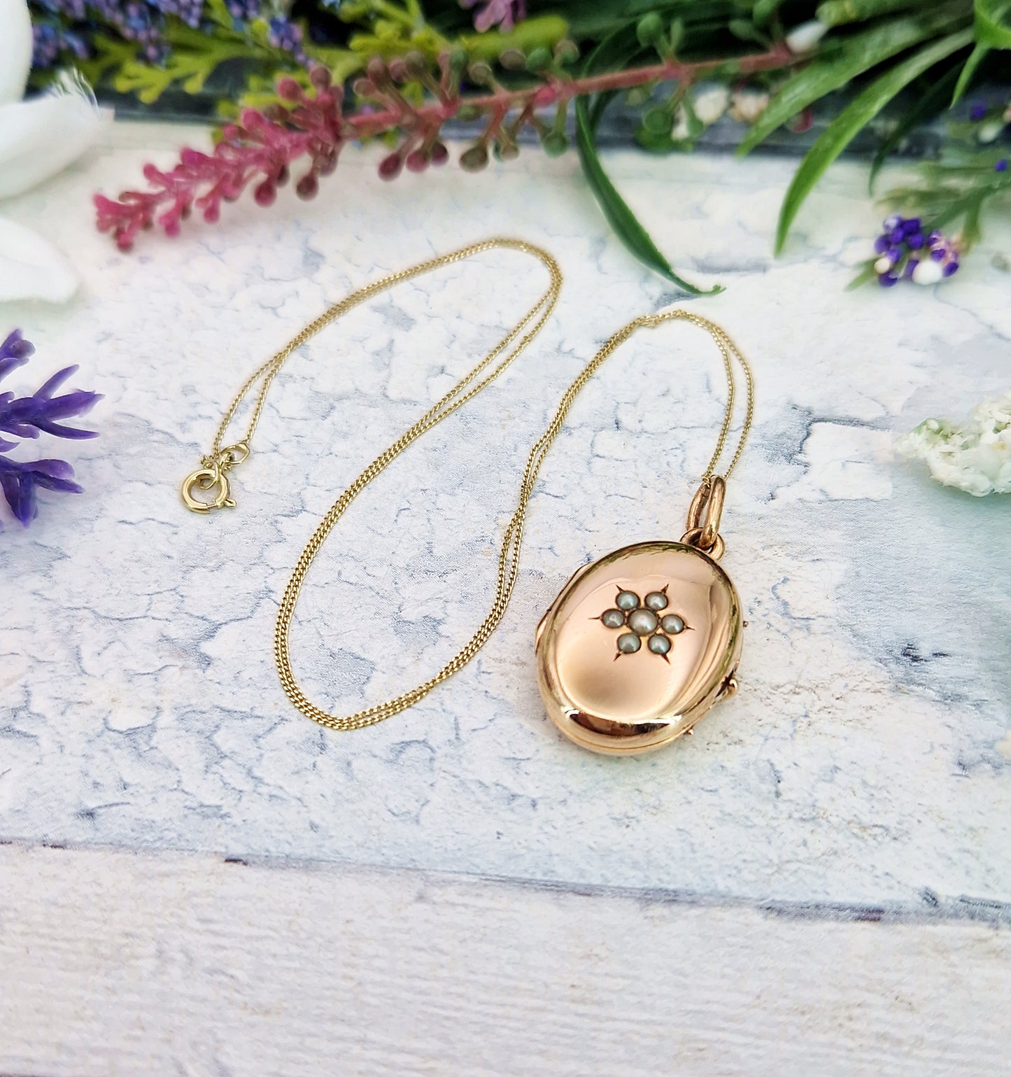 Antique Art Nouveau Gold Tone White Pearl Star Oval Locket Pendant