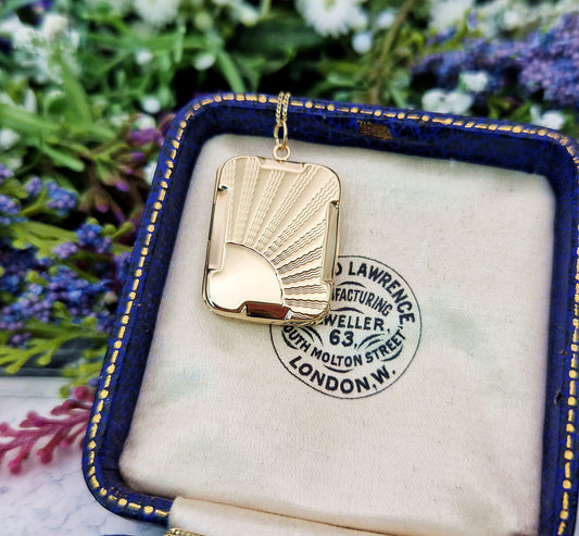 Antique Art Deco 9ct Gold Engraved Ornate Sunburst Rectangular Locket Pendant Necklace