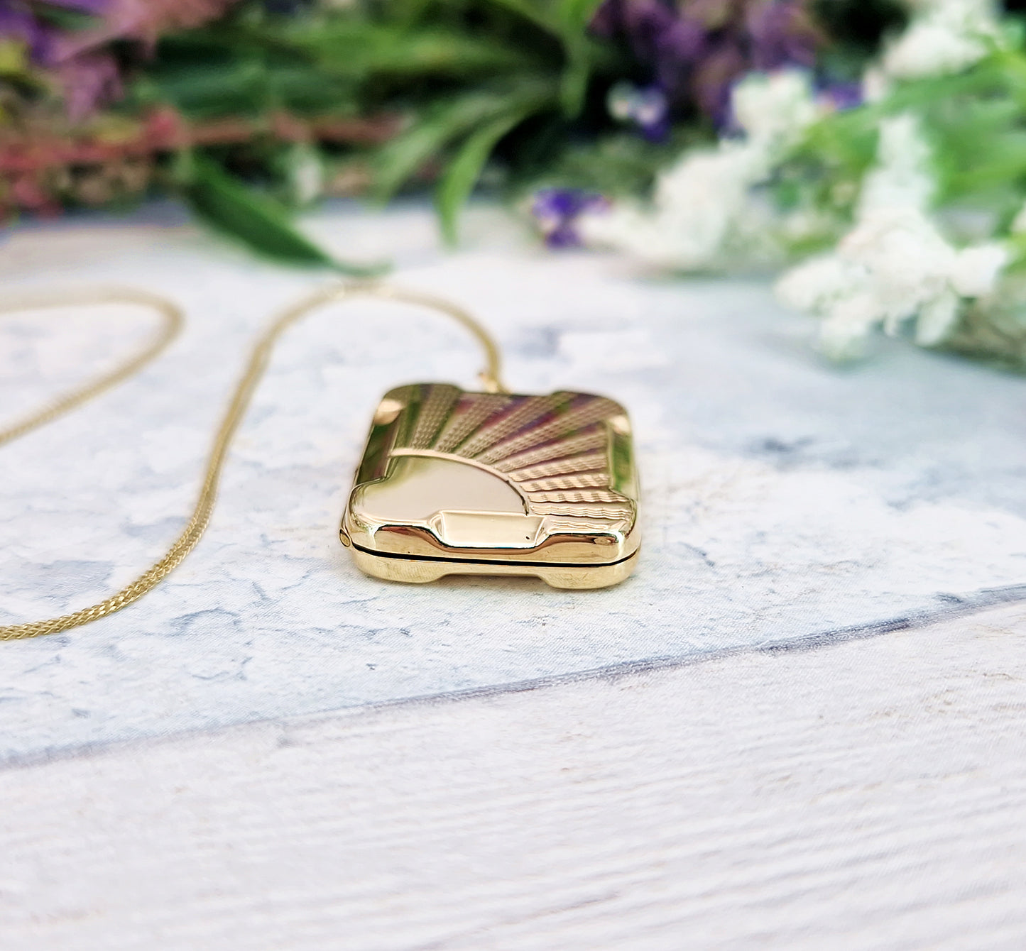 Antique Art Deco 9ct Gold Engraved Ornate Sunburst Rectangular Locket Pendant Necklace
