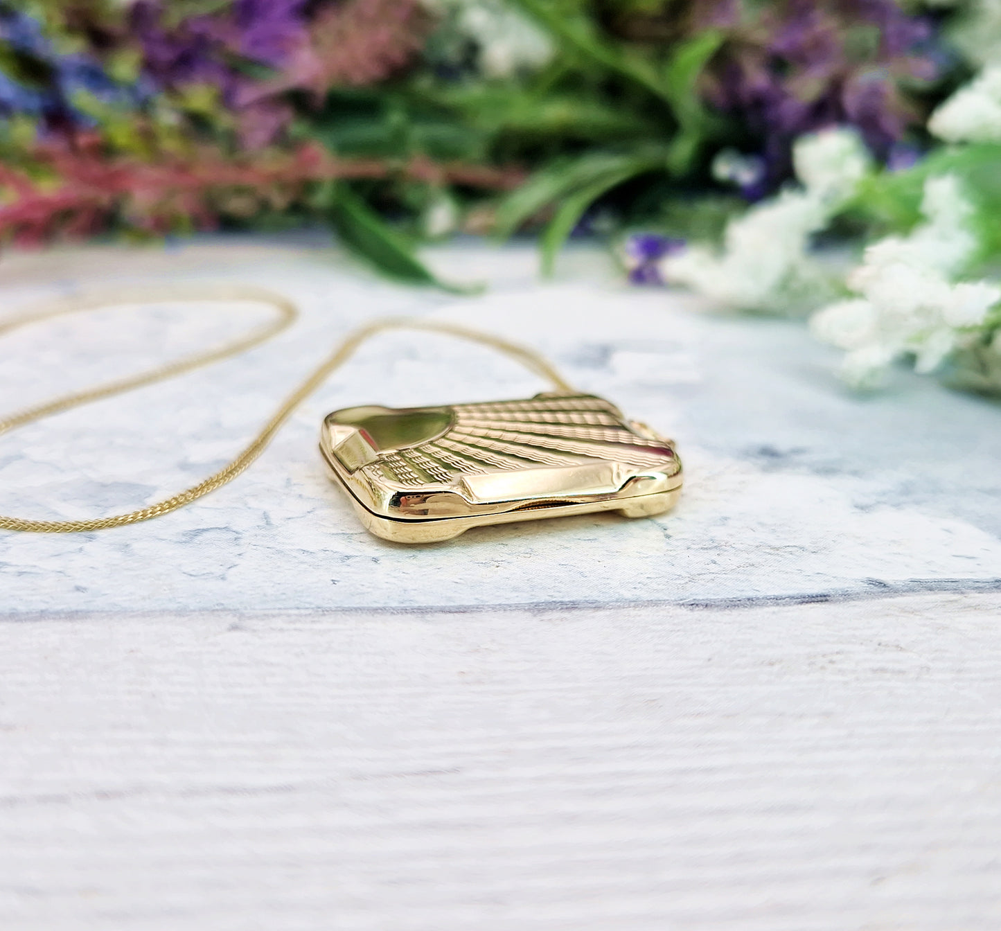 Antique Art Deco 9ct Gold Engraved Ornate Sunburst Rectangular Locket Pendant Necklace