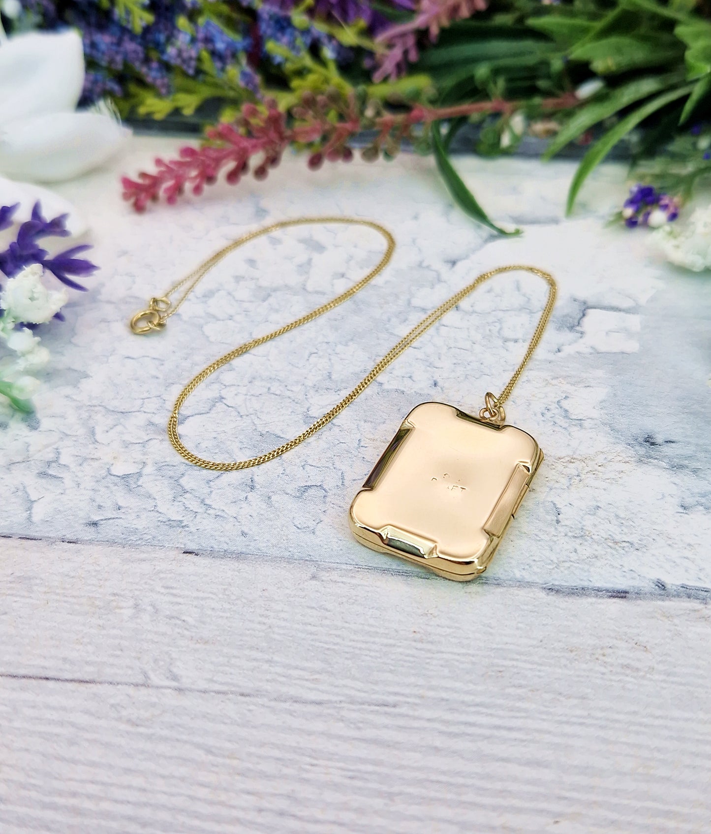 Antique Art Deco 9ct Gold Engraved Ornate Sunburst Rectangular Locket Pendant Necklace