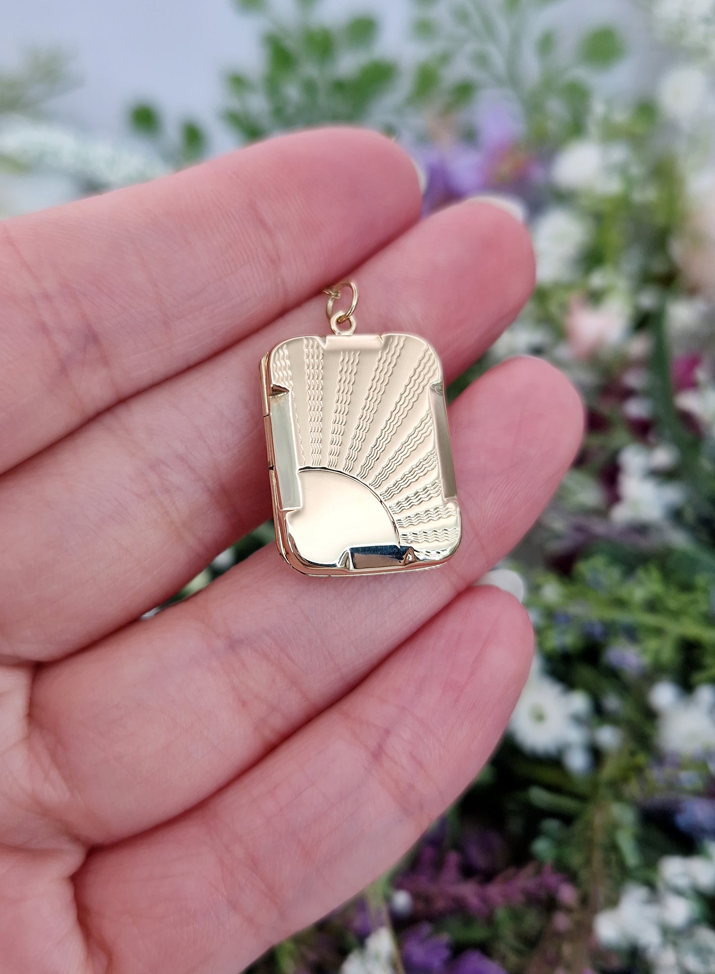 Antique Art Deco 9ct Gold Engraved Ornate Sunburst Rectangular Locket Pendant Necklace