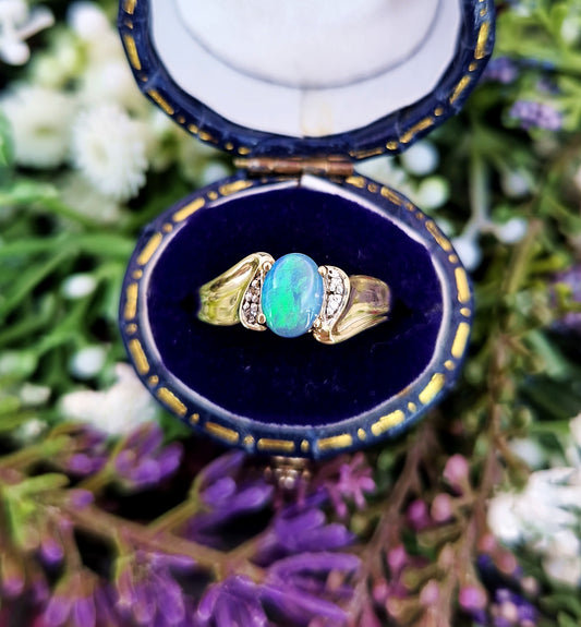 Vintage 9ct Yellow Gold Opal Doublet Gemstone and Diamond Ring / Size N 1/2 or 7.25