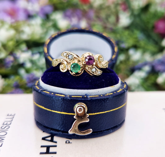 Vintage 1978 9ct Yellow Gold Victorian Style Emerald, Ruby and Pearl Ring / Size N or 7