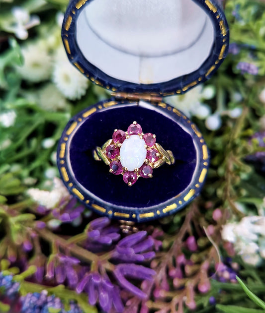 Vintage 1986 9ct Yellow Gold Opal and Ruby Gemstone Cluster Ring / Size K or 5.5