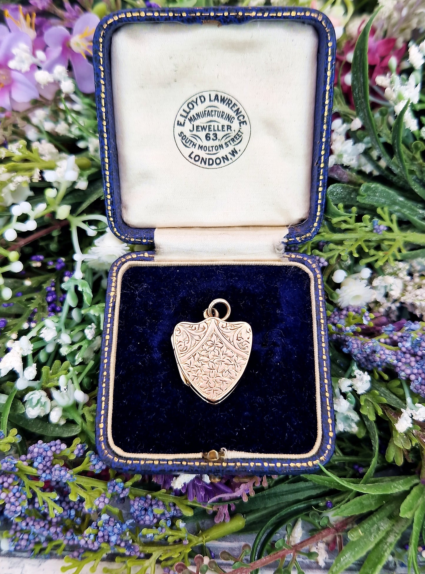Antique Victorian Gold Tone Engraved Ornate Botanical Shield Locket Pendant