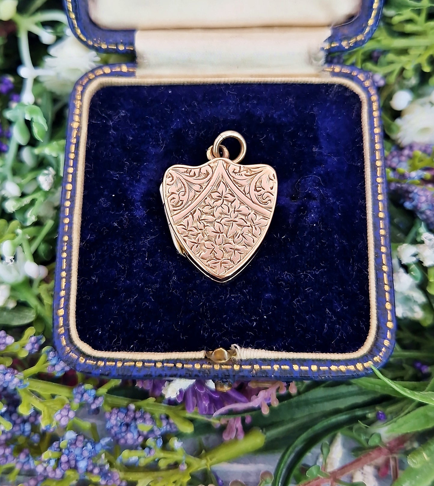 Antique Victorian Gold Tone Engraved Ornate Botanical Shield Locket Pendant