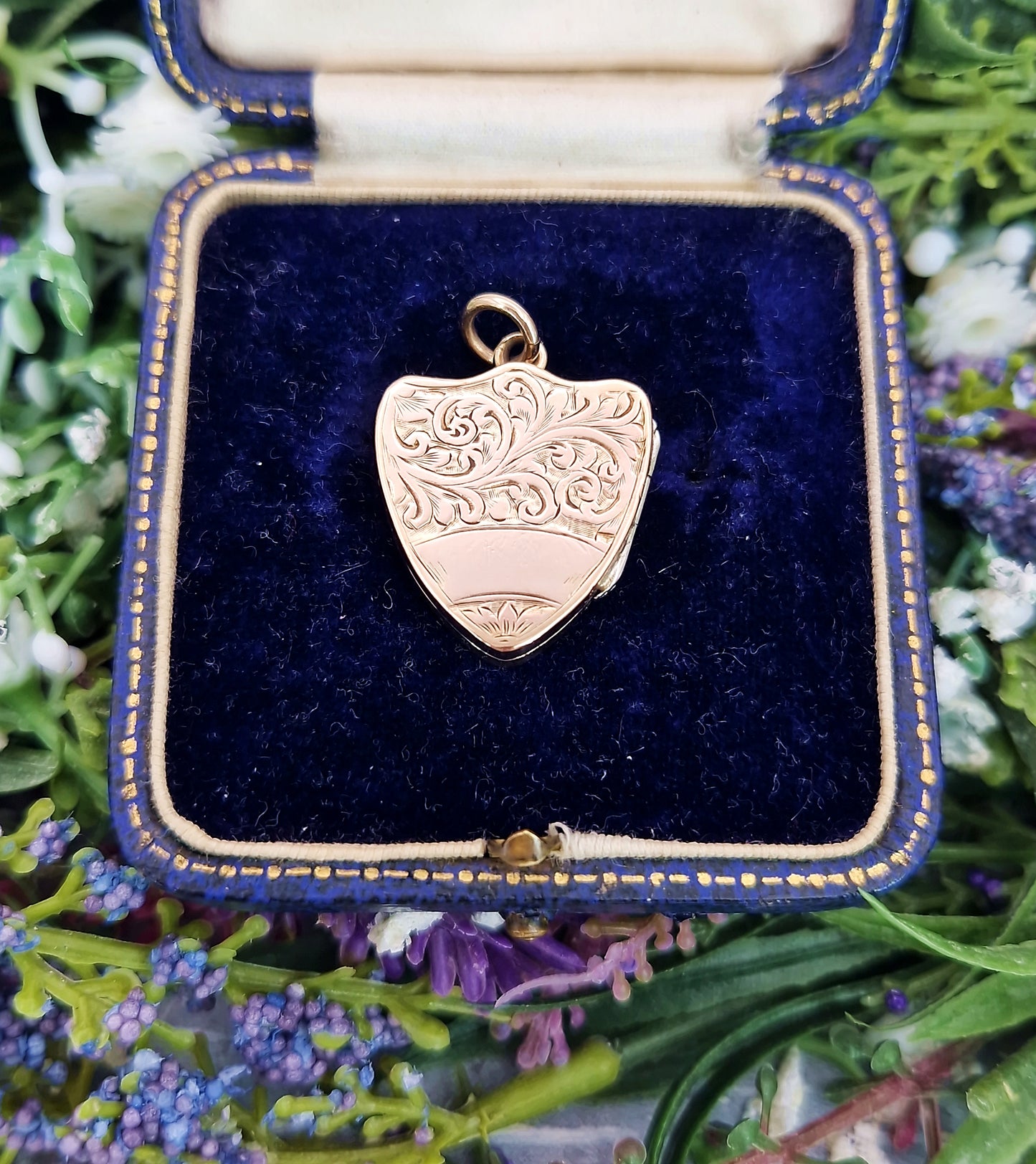 Antique Victorian Gold Tone Engraved Ornate Botanical Shield Locket Pendant