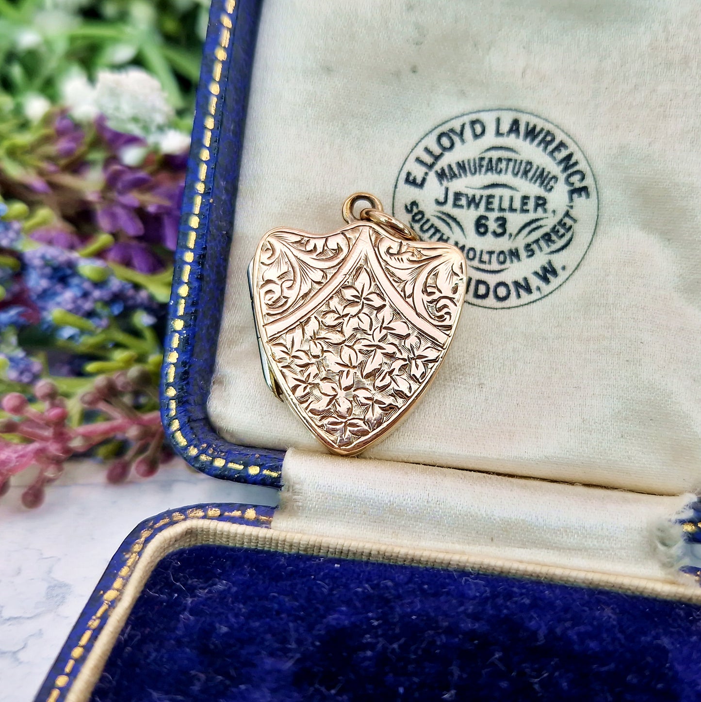 Antique Victorian Gold Tone Engraved Ornate Botanical Shield Locket Pendant