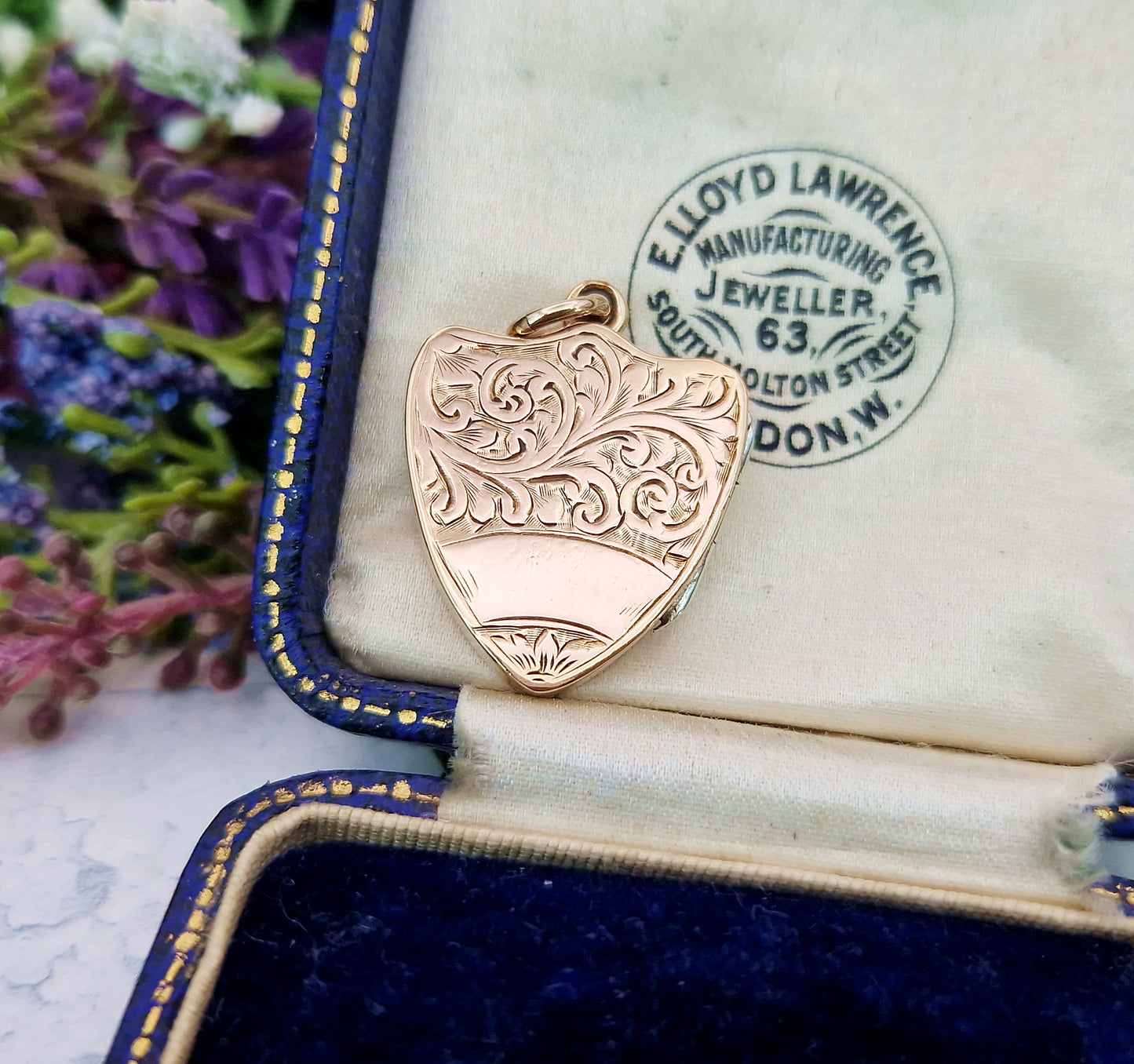 Antique Victorian Gold Tone Engraved Ornate Botanical Shield Locket Pendant