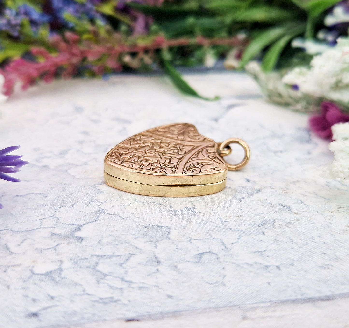 Antique Victorian Gold Tone Engraved Ornate Botanical Shield Locket Pendant