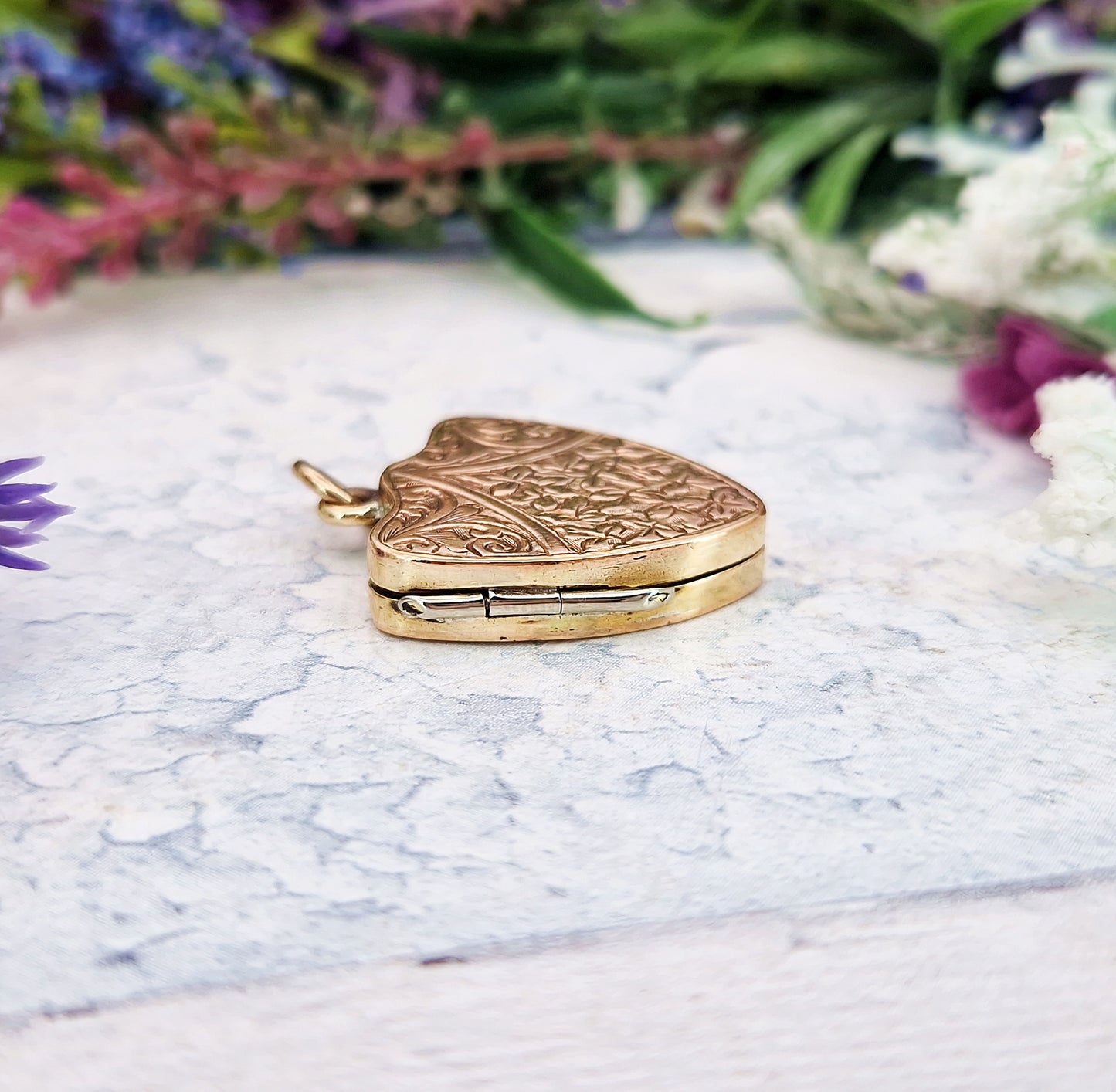 Antique Victorian Gold Tone Engraved Ornate Botanical Shield Locket Pendant