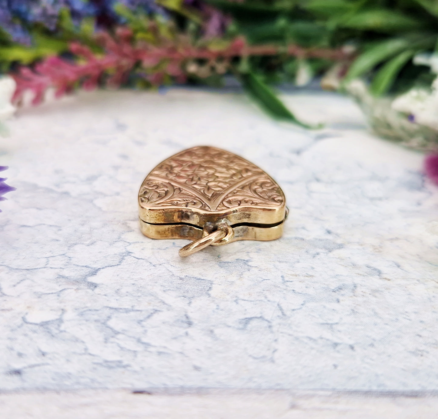 Antique Victorian Gold Tone Engraved Ornate Botanical Shield Locket Pendant
