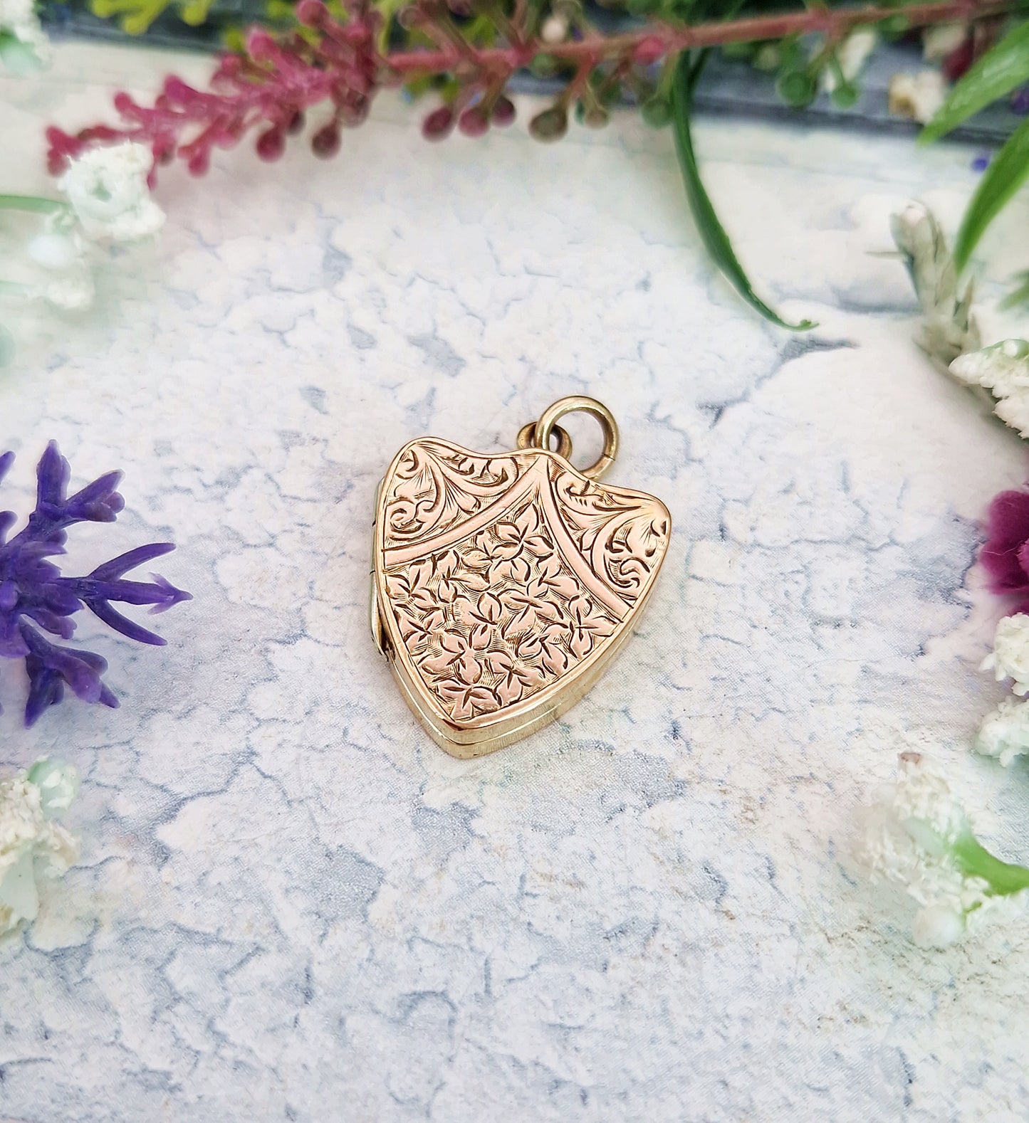 Antique Victorian Gold Tone Engraved Ornate Botanical Shield Locket Pendant