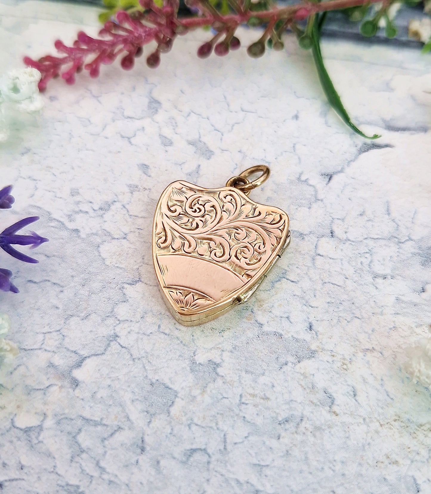 Antique Victorian Gold Tone Engraved Ornate Botanical Shield Locket Pendant