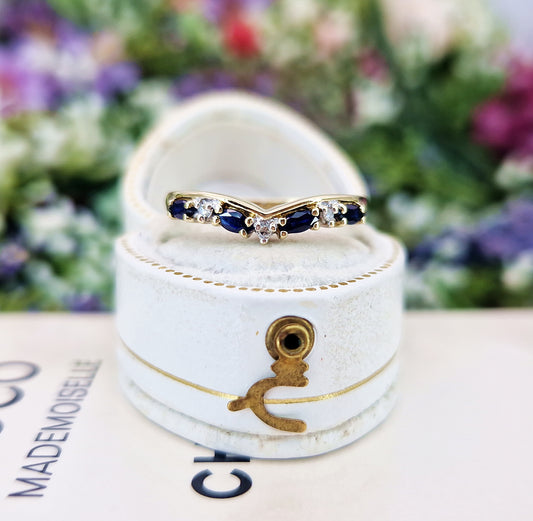 Vintage 9ct Yellow Gold Sapphire and Diamond Wishbone Stacking Band Ring / Size M 1/2 or 6.75