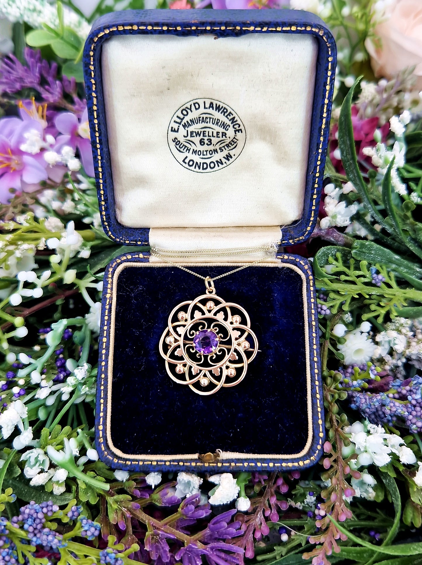 Antique Art Nouveau 9ct Gold Ornate Purple Amethyst Round Brooch / Pendant Necklace