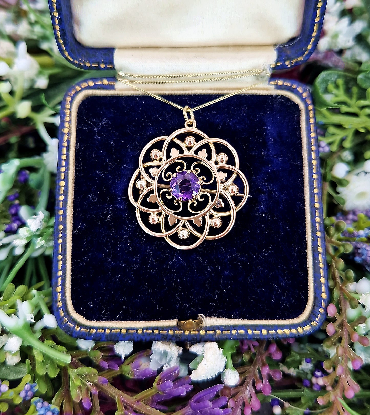 Antique Art Nouveau 9ct Gold Ornate Purple Amethyst Round Brooch / Pendant Necklace