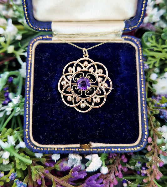 Antique Art Nouveau 9ct Gold Ornate Purple Amethyst Round Brooch / Pendant Necklace