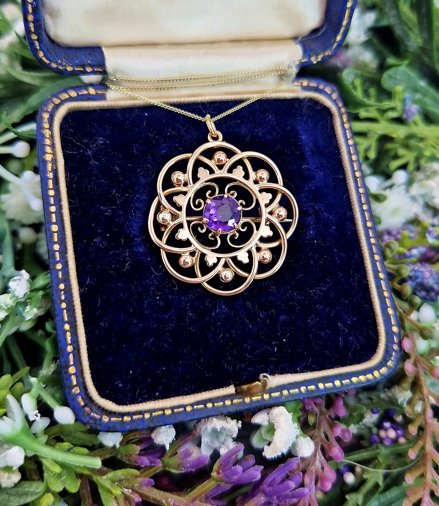 Antique Art Nouveau 9ct Gold Ornate Purple Amethyst Round Brooch / Pendant Necklace