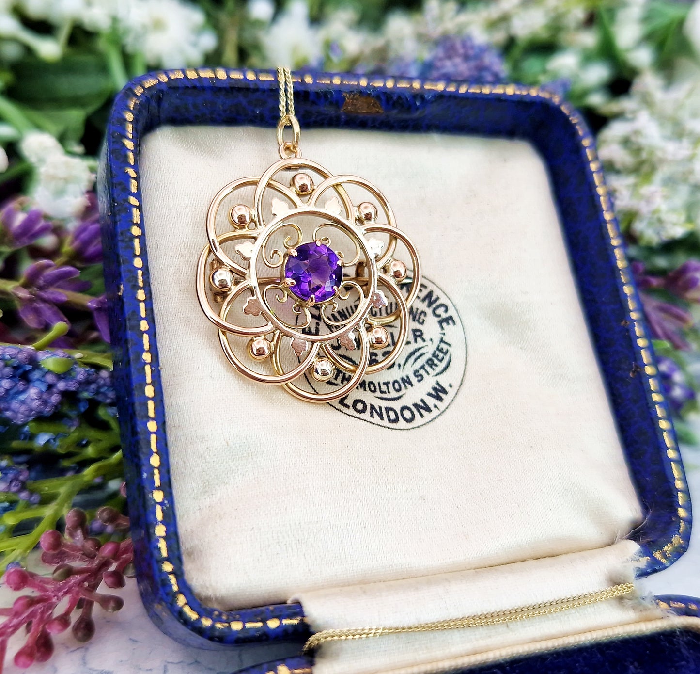 Antique Art Nouveau 9ct Gold Ornate Purple Amethyst Round Brooch / Pendant Necklace
