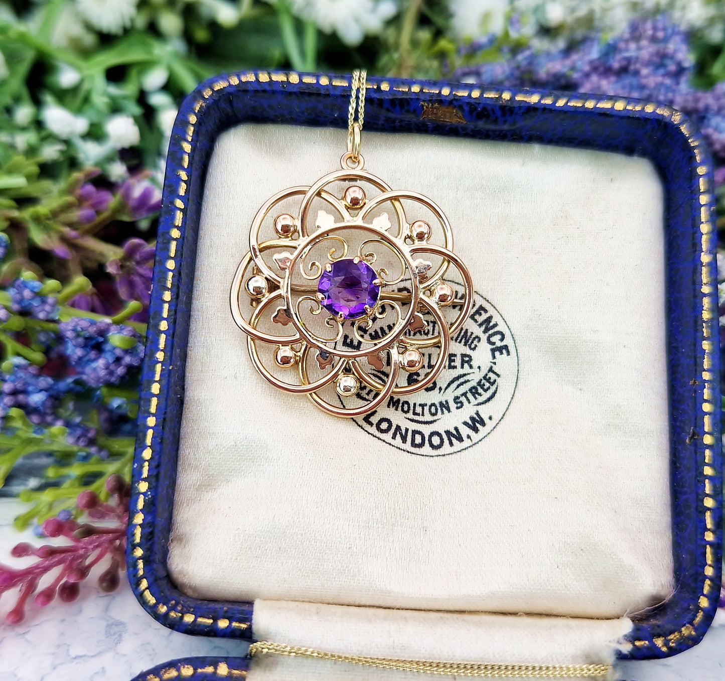 Antique Art Nouveau 9ct Gold Ornate Purple Amethyst Round Brooch / Pendant Necklace