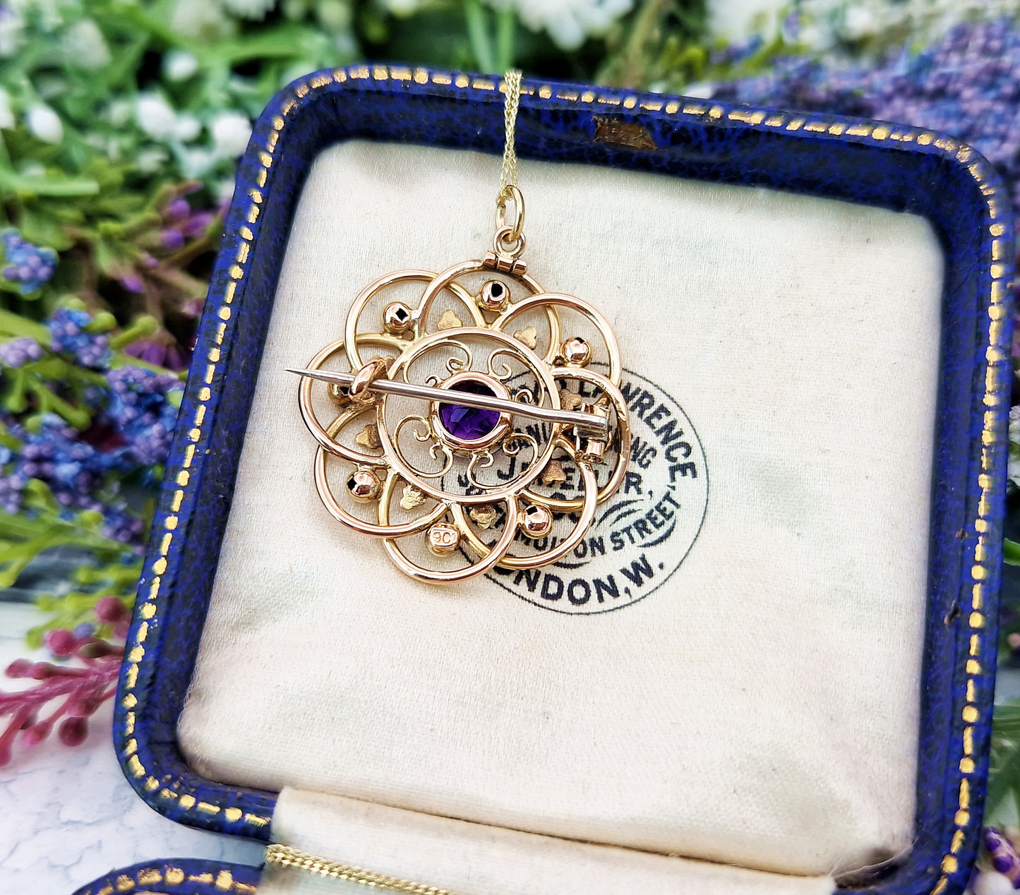 Antique Art Nouveau 9ct Gold Ornate Purple Amethyst Round Brooch / Pendant Necklace