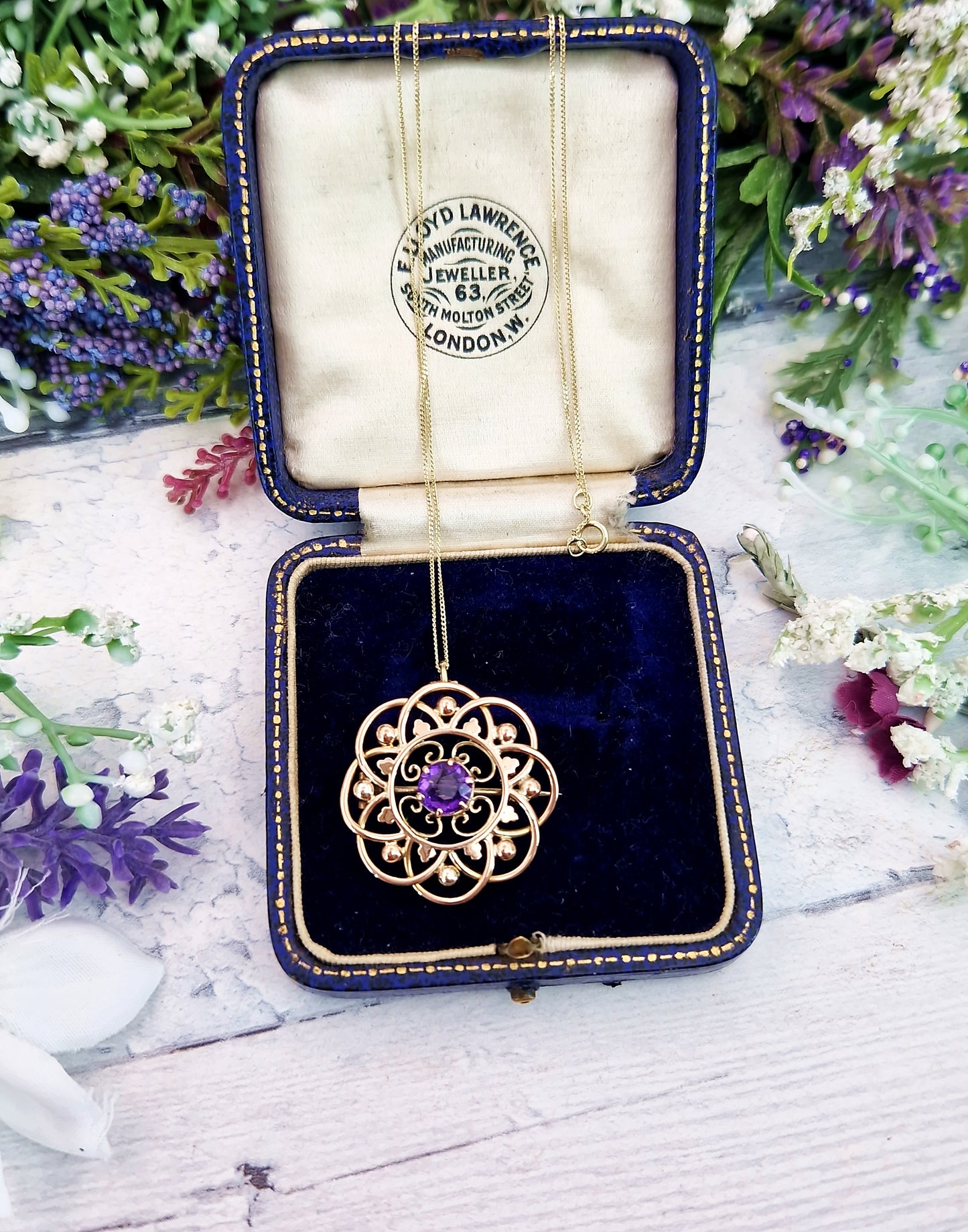 Antique Art Nouveau 9ct Gold Ornate Purple Amethyst Round Brooch / Pendant Necklace