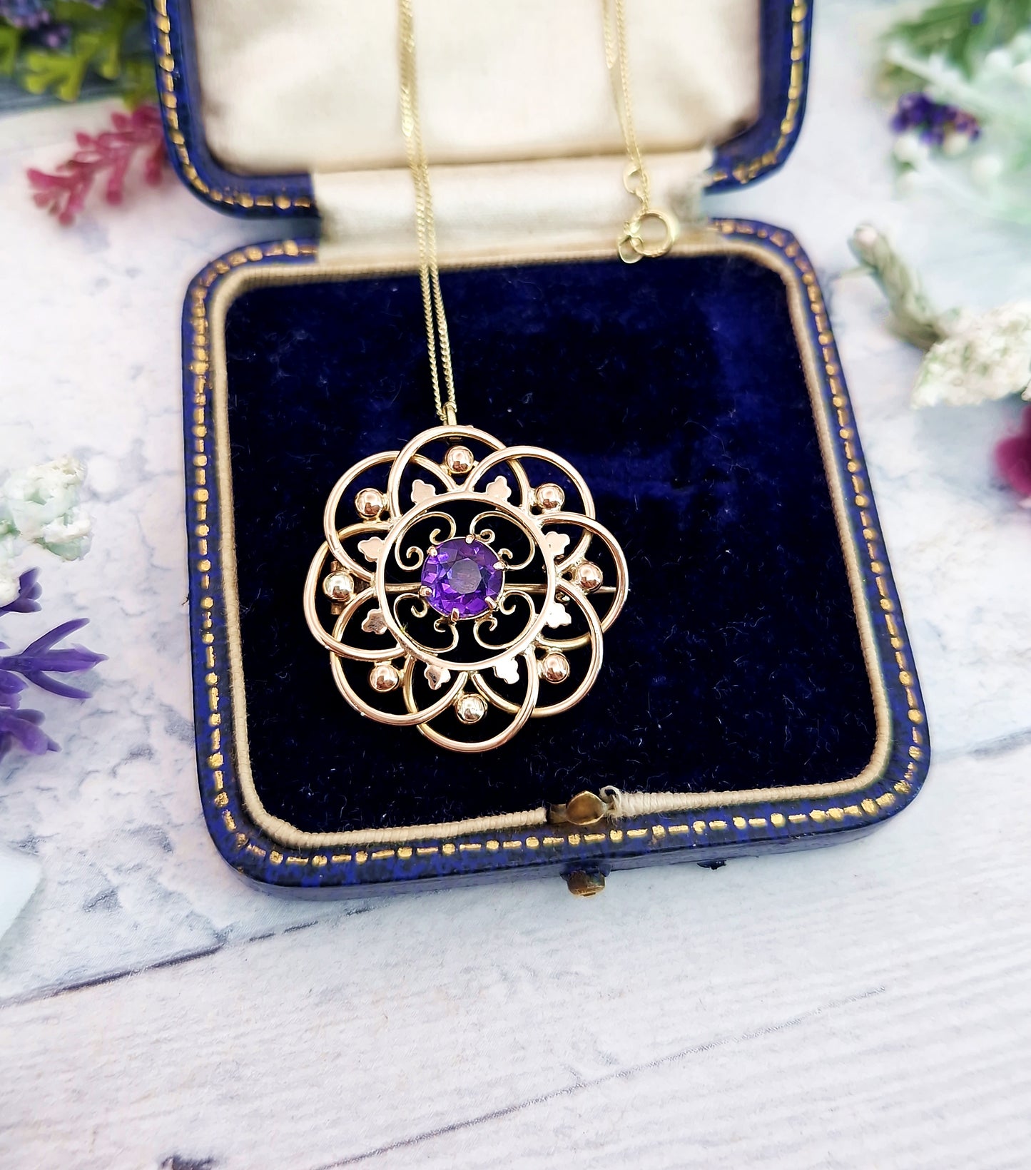 Antique Art Nouveau 9ct Gold Ornate Purple Amethyst Round Brooch / Pendant Necklace