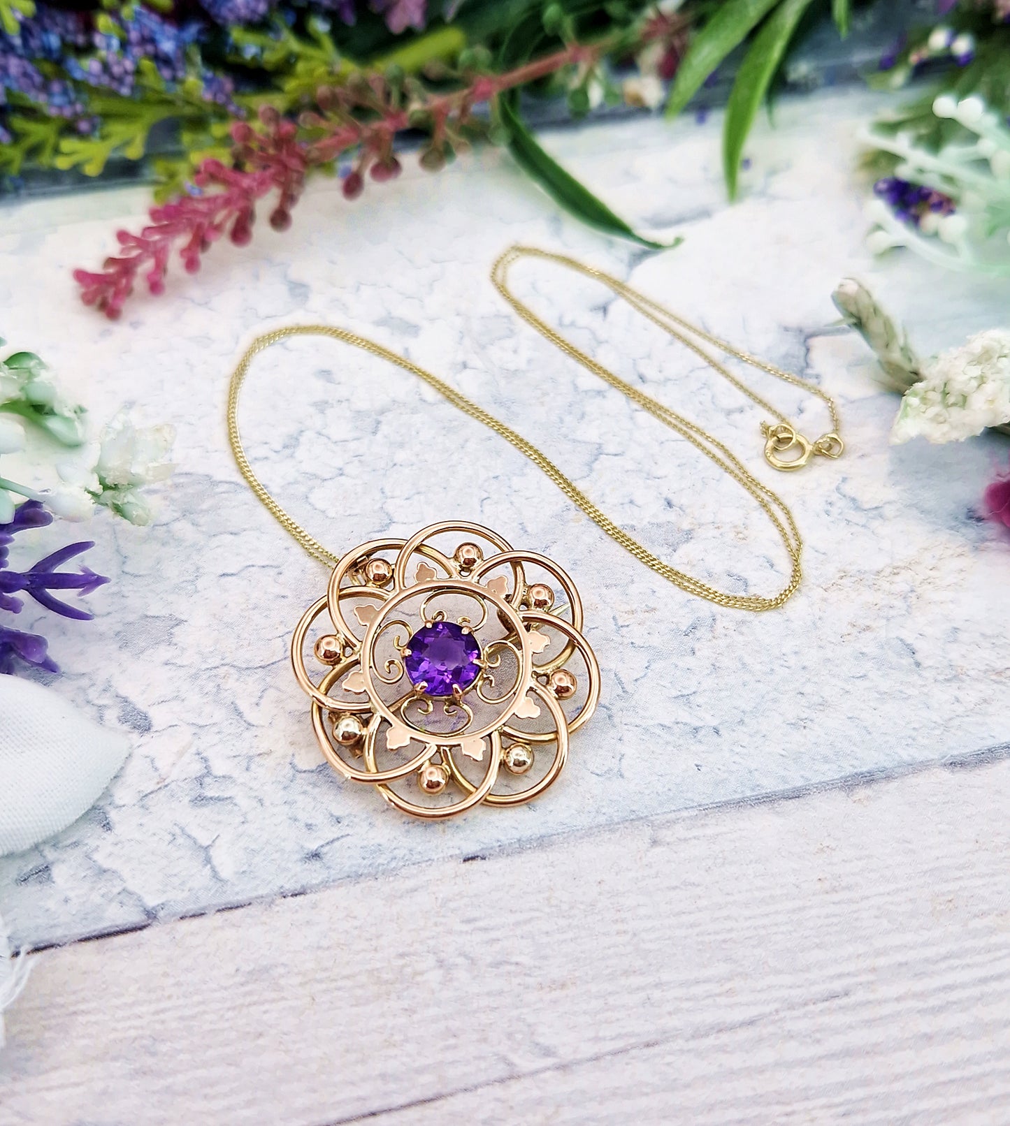 Antique Art Nouveau 9ct Gold Ornate Purple Amethyst Round Brooch / Pendant Necklace