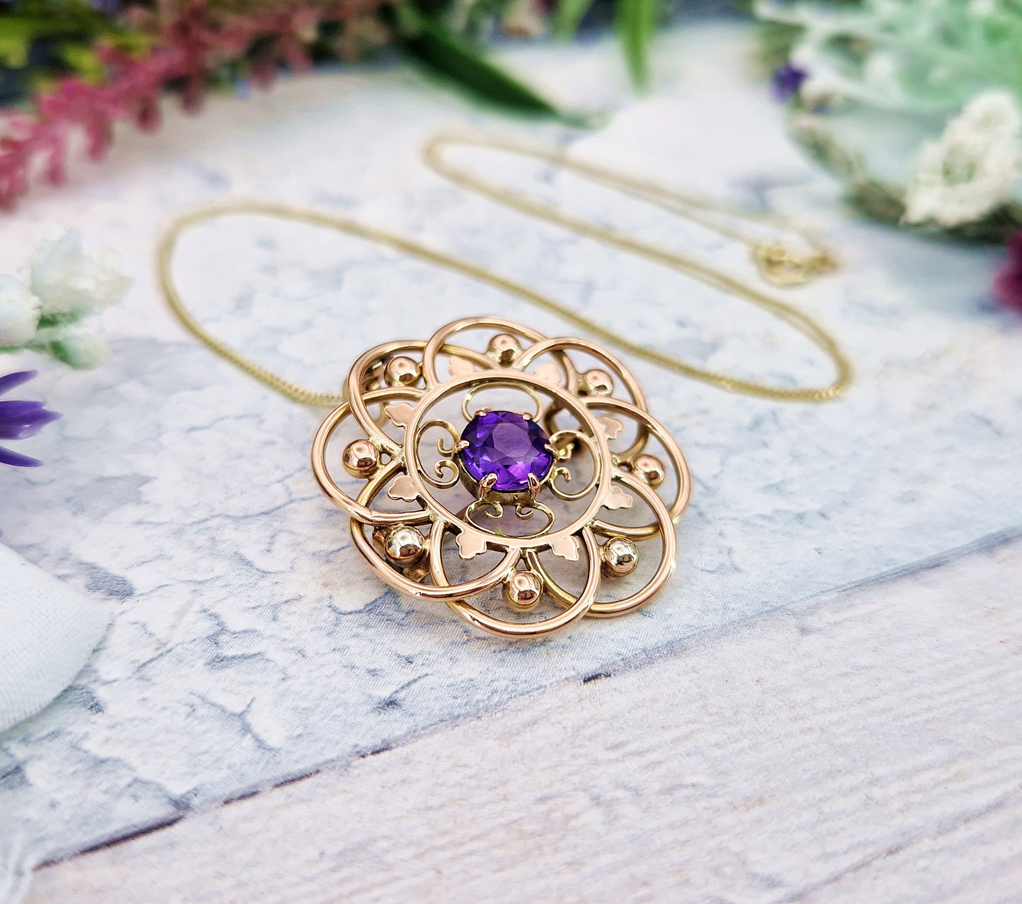 Antique Art Nouveau 9ct Gold Ornate Purple Amethyst Round Brooch / Pendant Necklace