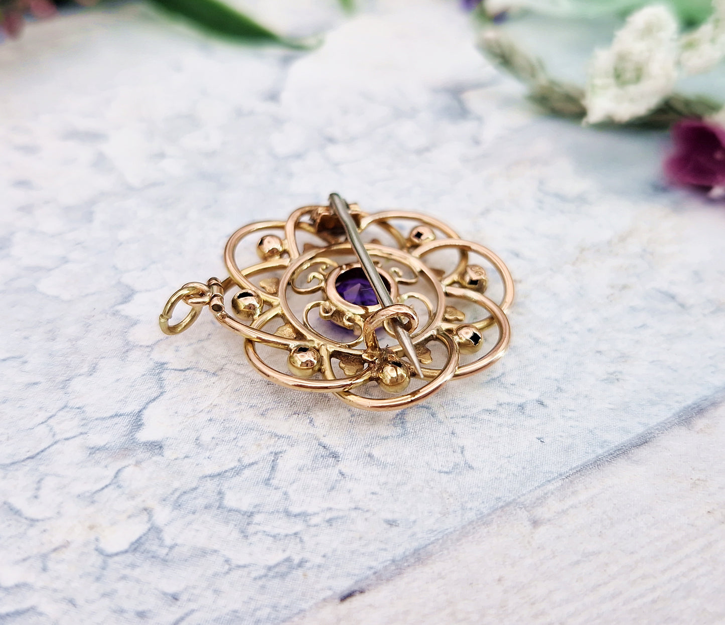 Antique Art Nouveau 9ct Gold Ornate Purple Amethyst Round Brooch / Pendant Necklace