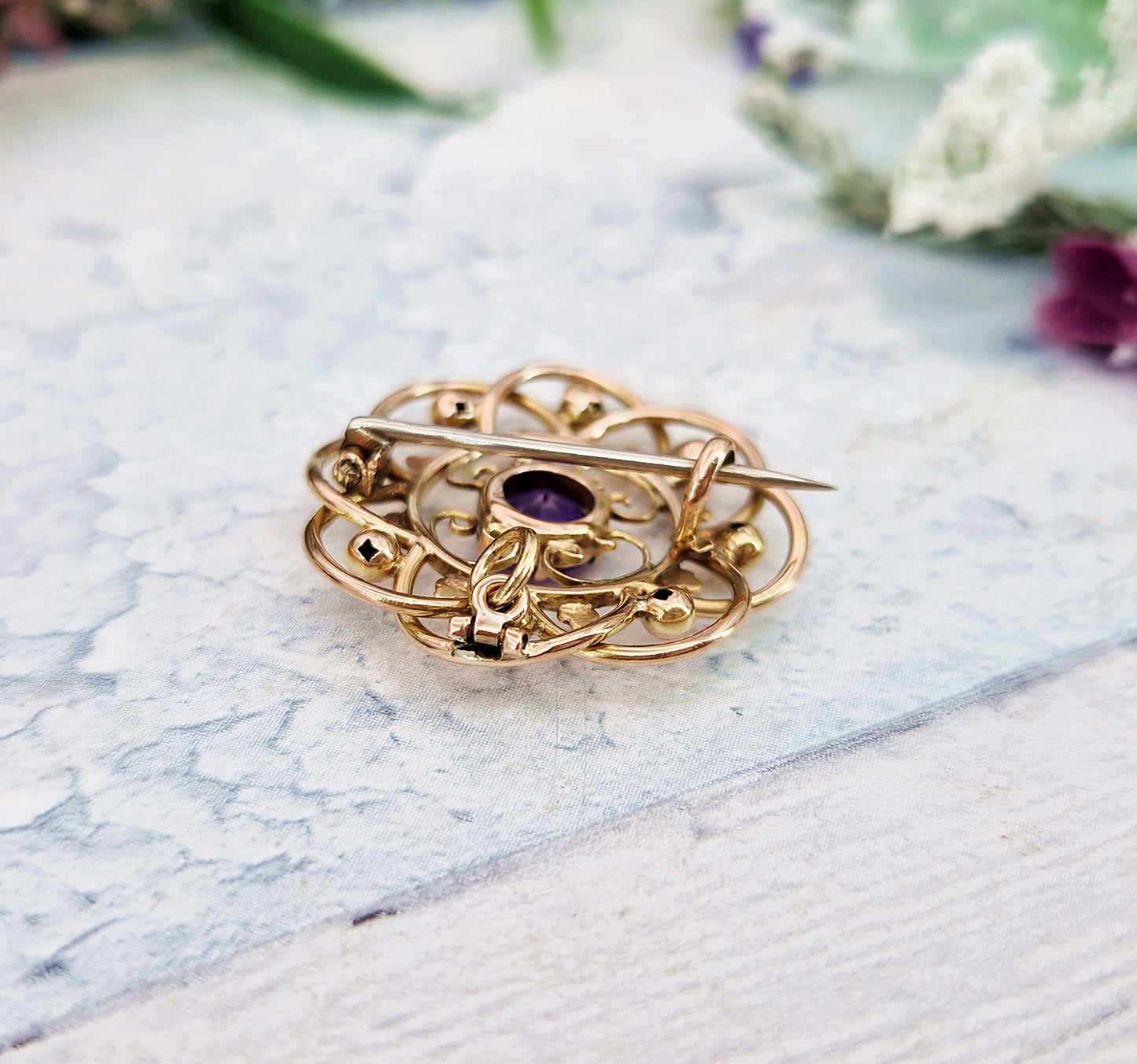 Antique Art Nouveau 9ct Gold Ornate Purple Amethyst Round Brooch / Pendant Necklace