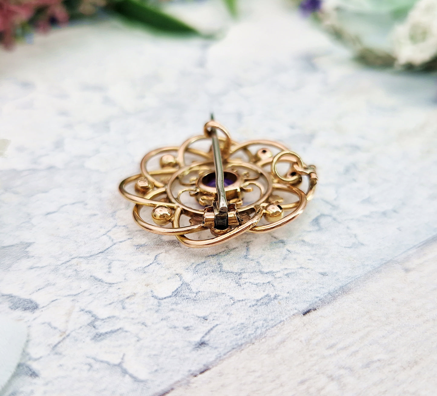 Antique Art Nouveau 9ct Gold Ornate Purple Amethyst Round Brooch / Pendant Necklace
