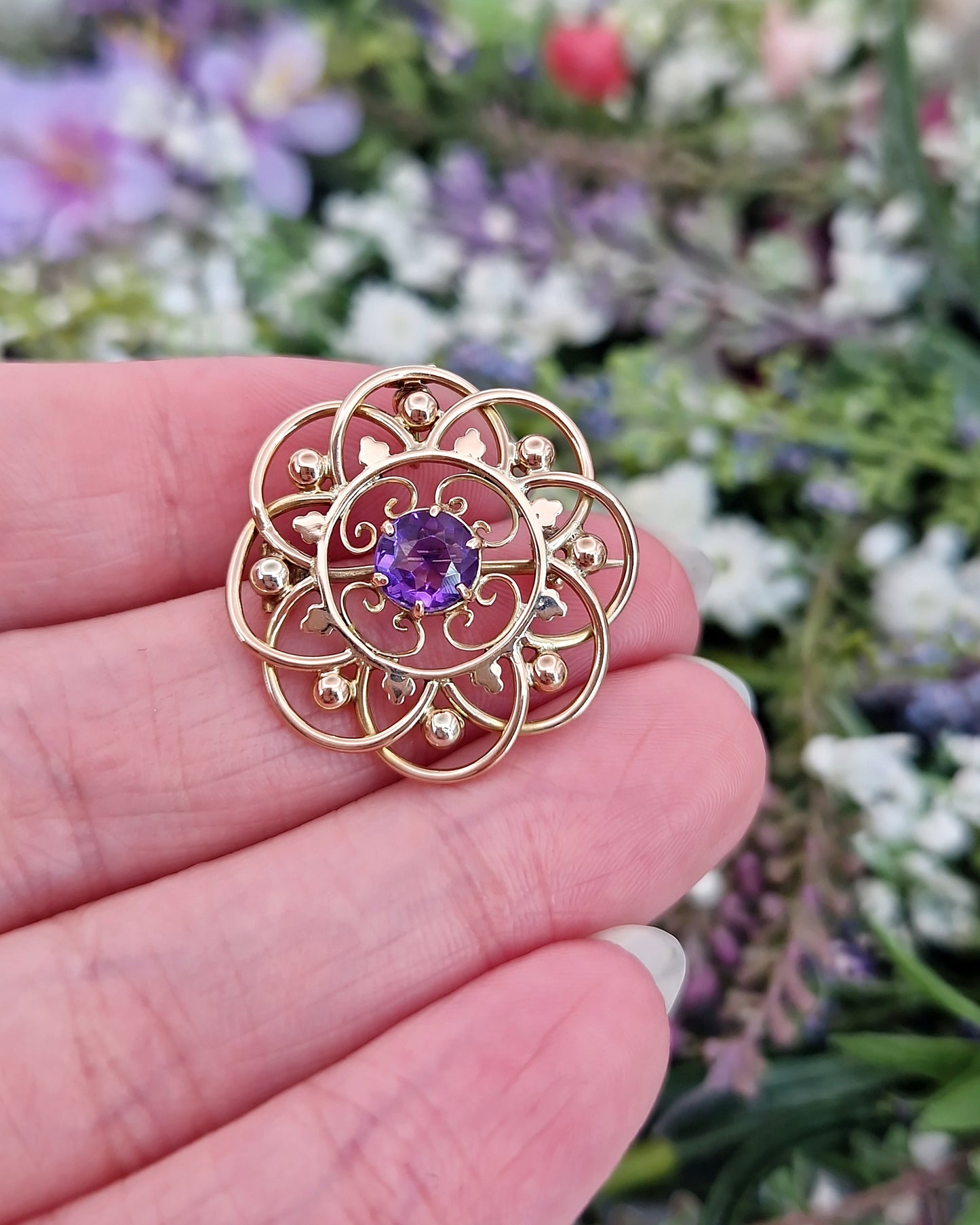 Antique Art Nouveau 9ct Gold Ornate Purple Amethyst Round Brooch / Pendant Necklace