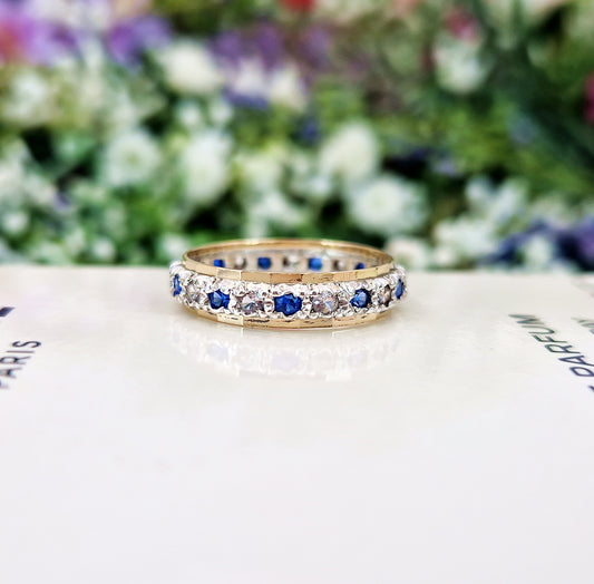 Vintage 9ct Yellow Gold and Silver Two Tone Blue and White Spinel Eternity Band Ring / Size O or 7.5