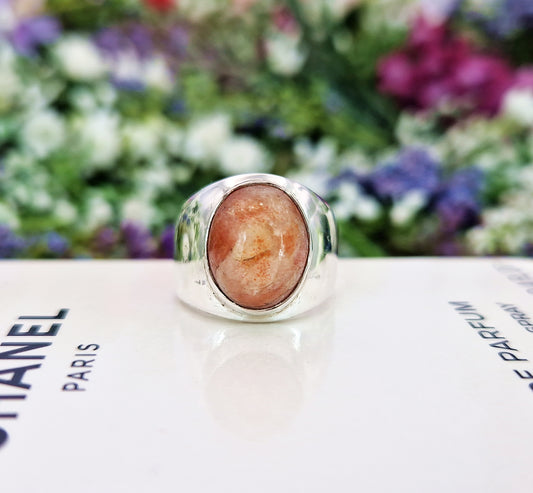 Vintage Sterling Silver Chunky Sunstone Statement Solitaire Signet Ring / Size K or 5.5