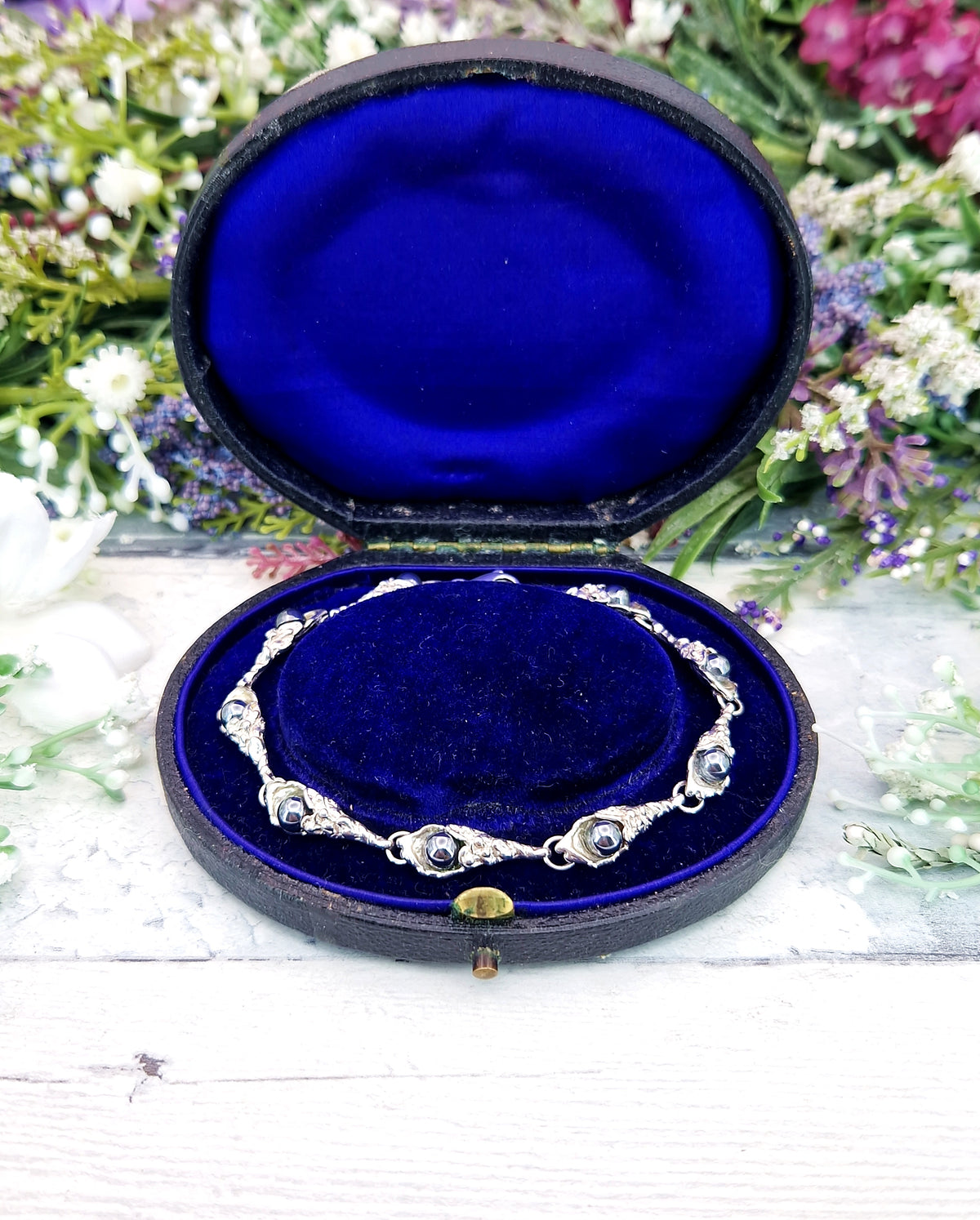 Vintage Sterling Silver Art Nouveau Style Organic Botanical Hematite Link Bracelet